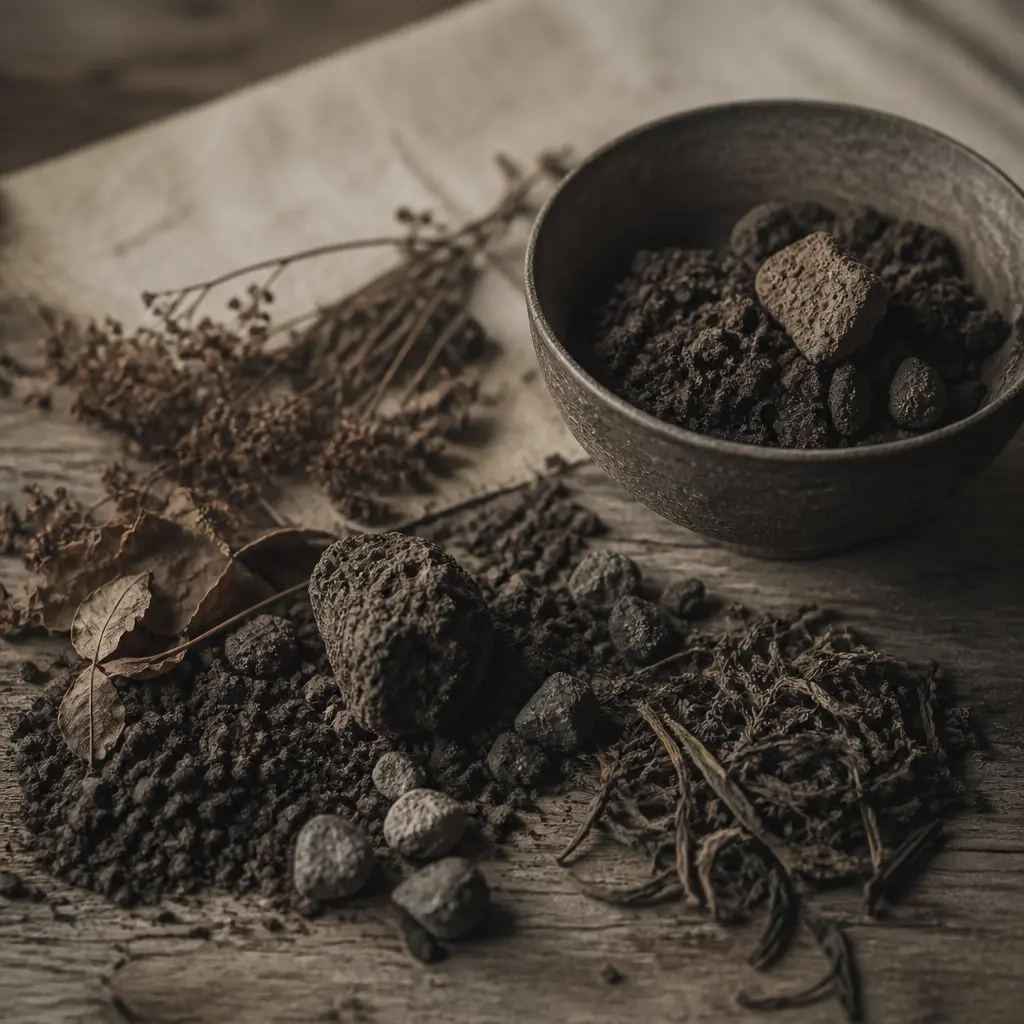 Muted desaturated editorial tea photography, aged parchment warmth, faded tonal colors, soft diffused overcast light. Cl