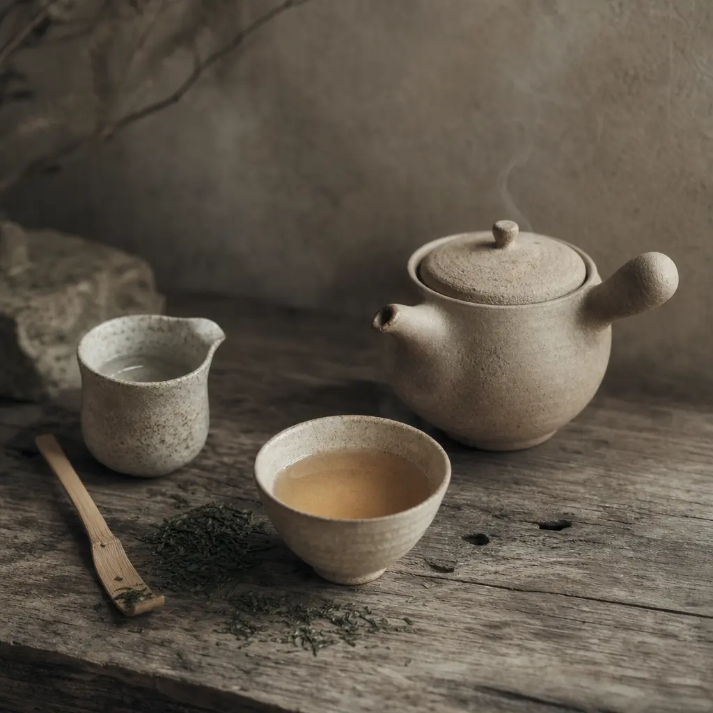 Muted desaturated editorial tea photography, aged parchment warmth, faded tonal colors, soft diffused overcast light. Un