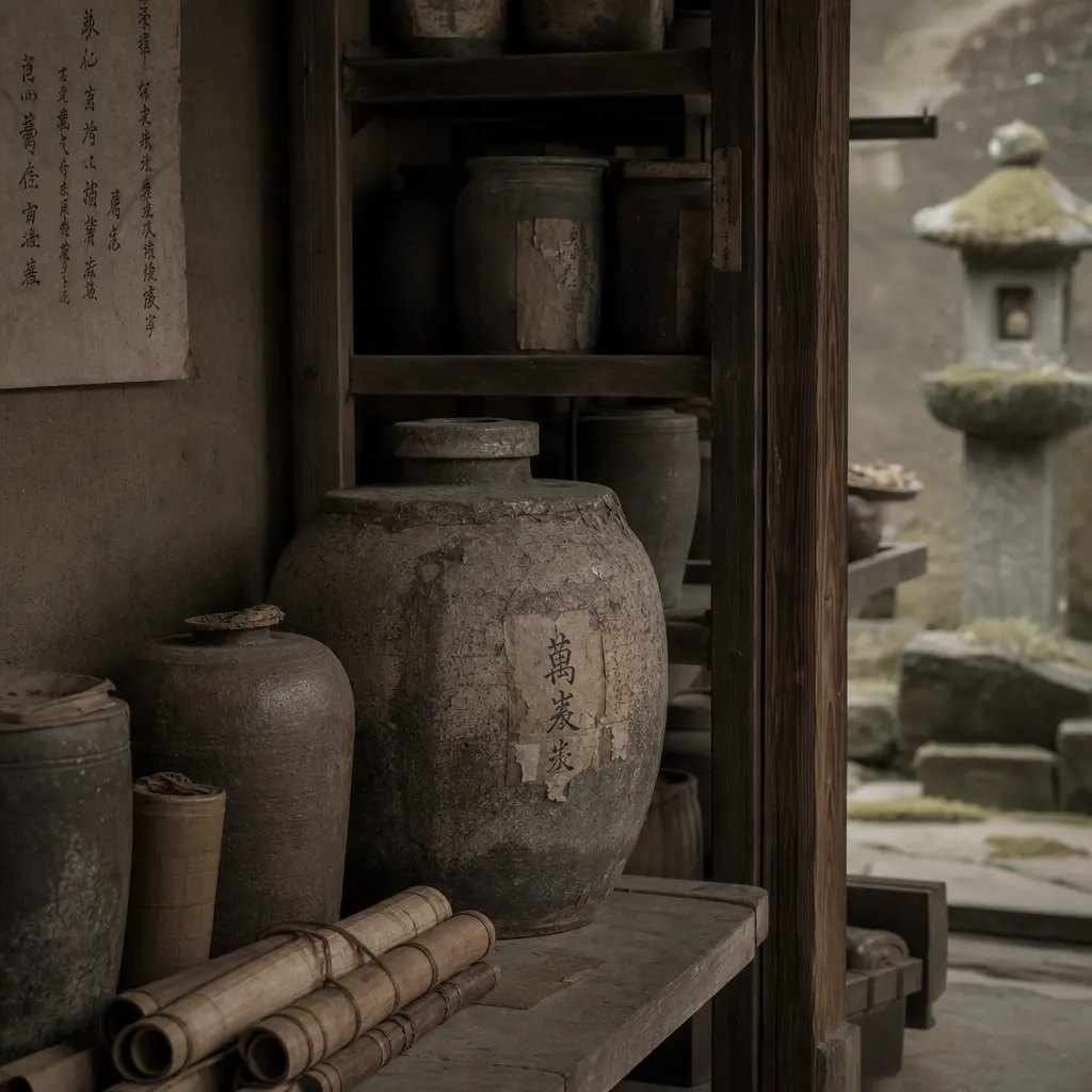 muted desaturated editorial tea photography, aged parchment warmth, faded tonal colors, soft diffused overcast light, an