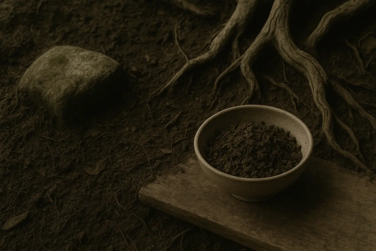 Muted desaturated editorial tea photography, aged parchment warmth, faded tonal colors, soft diffused overcast light. Cl