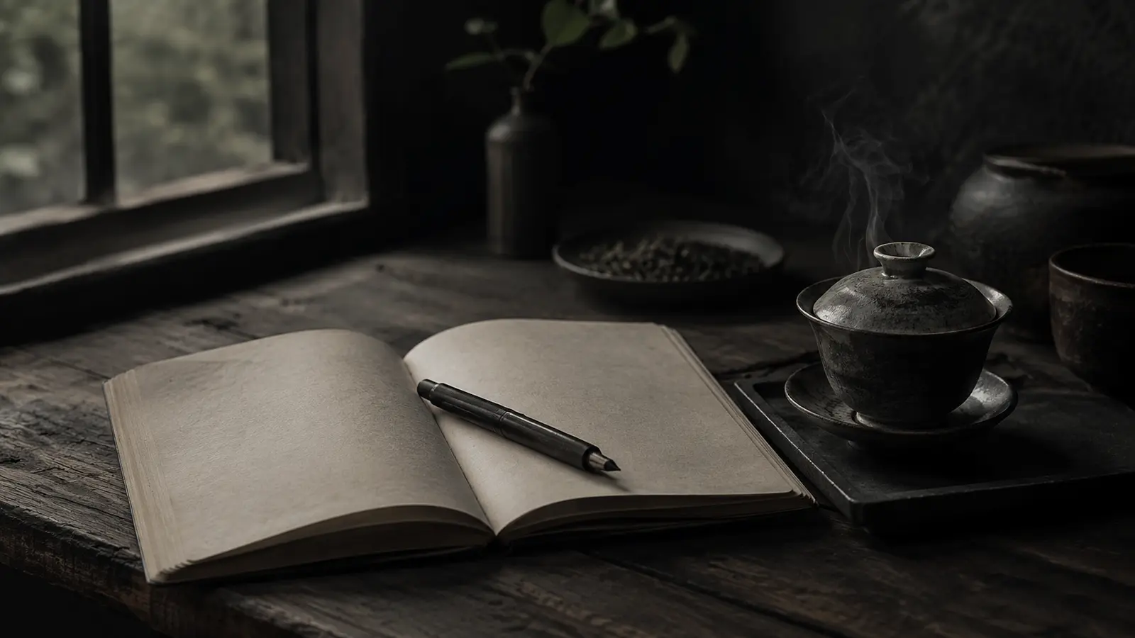 Notebook and gaiwan on dark wood
