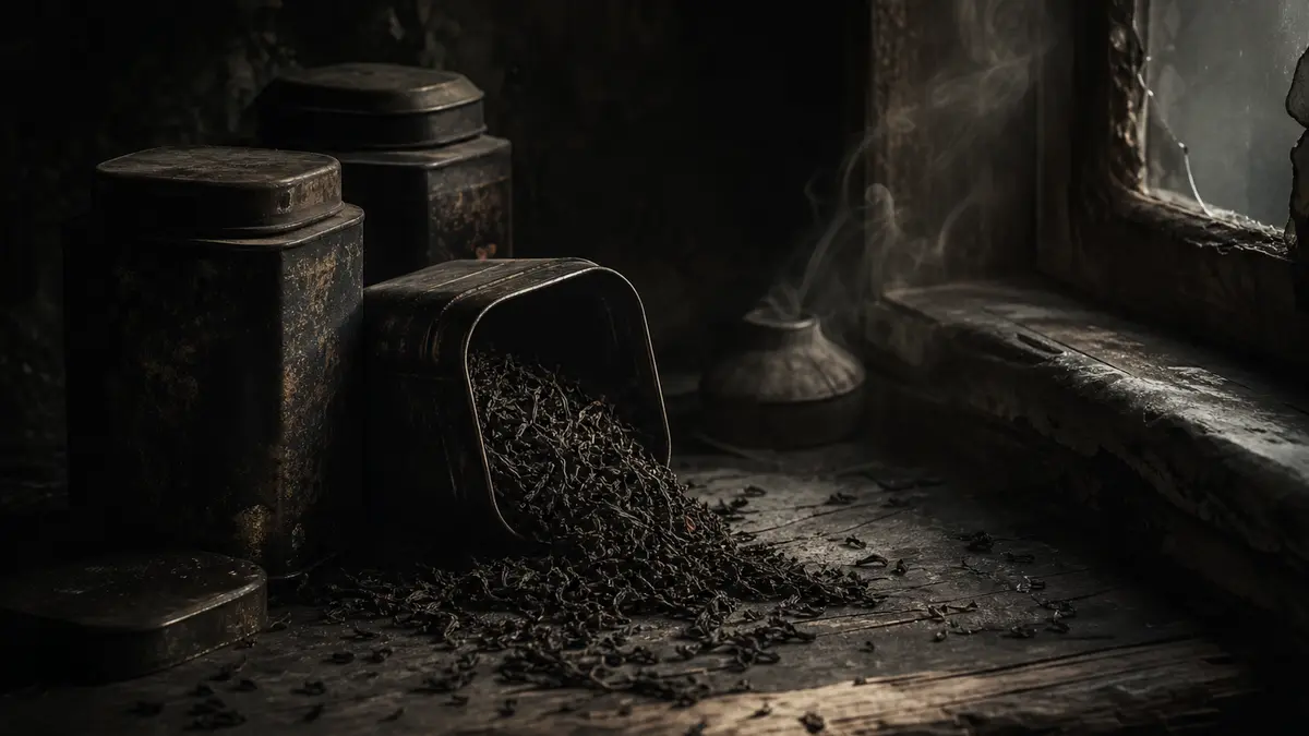 dark atmospheric editorial tea photograph, low natural light from one window casting a single shaft of dim light across 