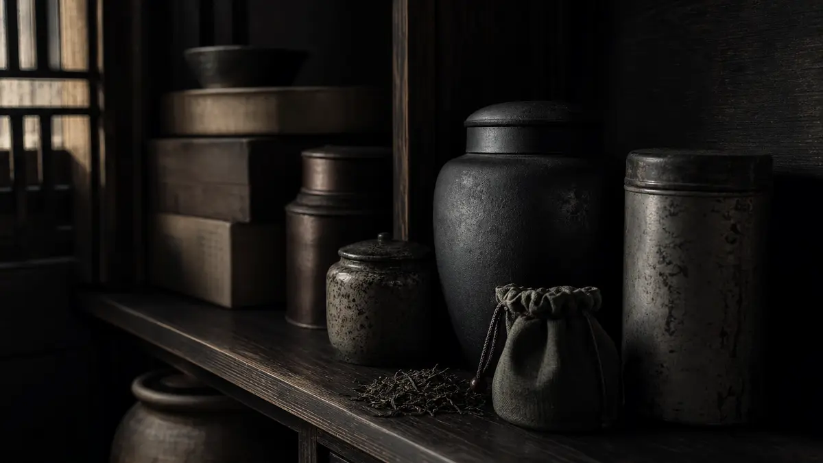 dark atmospheric editorial tea photograph, low natural light from one window illuminating a minimal but carefully arrang