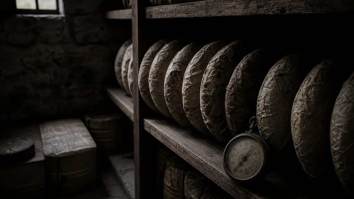 dark atmospheric editorial tea photograph, a row of aged pu-erh tea cakes wrapped in traditional paper stored on weather
