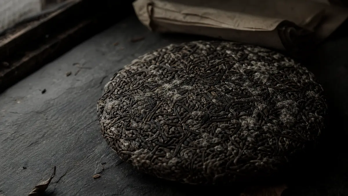 dark atmospheric editorial tea photograph, close-up of a single unwrapped pu-erh tea cake on a rough slate surface showi