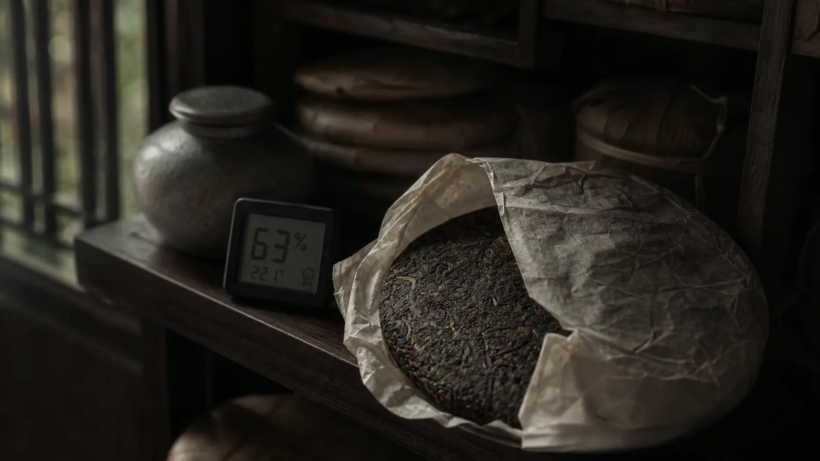 Pu-erh tea cake on wooden shelf beside digital hygrometer displaying humidity level in warm naturally lit home storage area