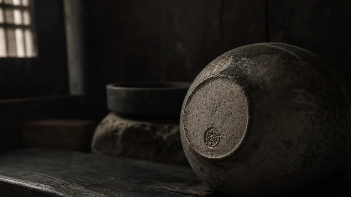 dark atmospheric editorial photograph of an ancient Korean ceramic vessel resting on aged dark wood, a small impressed p
