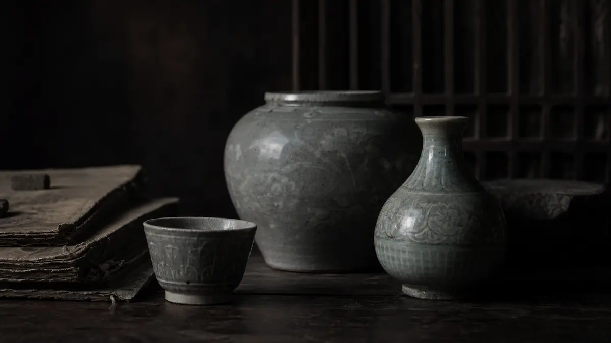 dark atmospheric editorial photograph of two or three Korean celadon and stoneware pottery pieces arranged on a dark woo