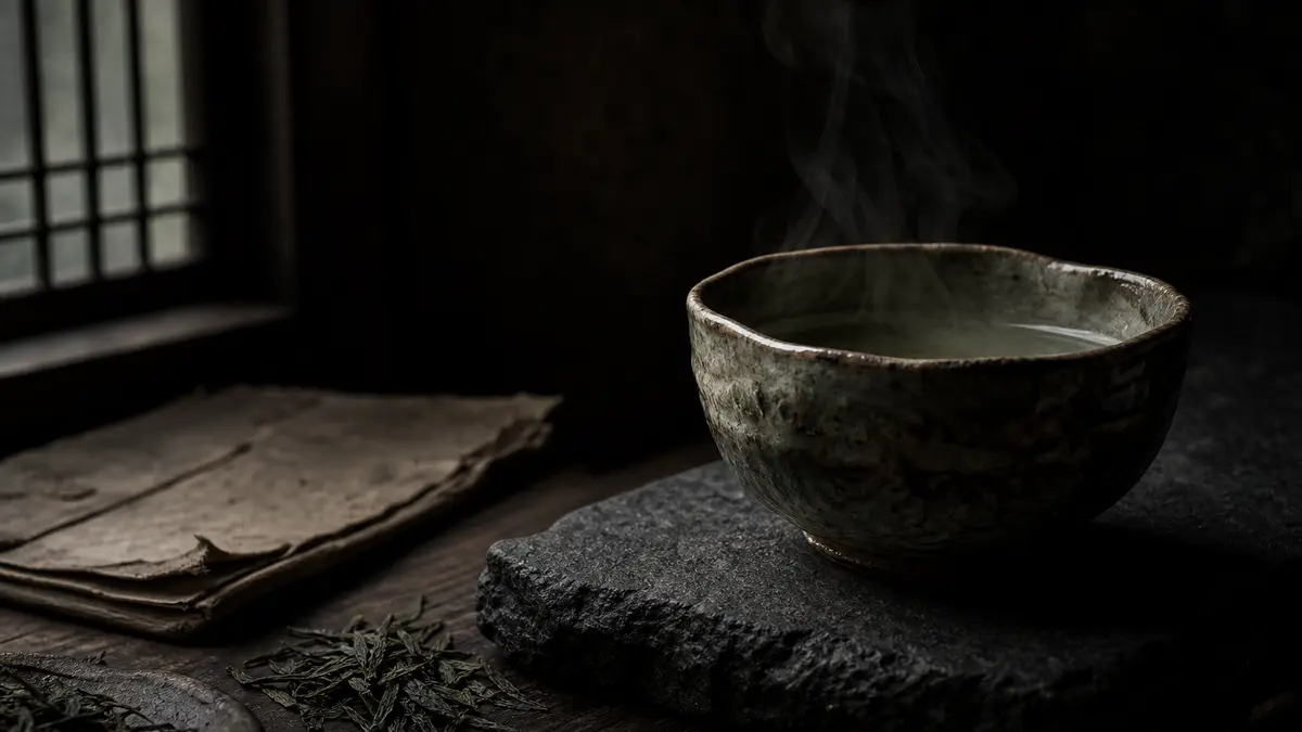 dark atmospheric editorial tea photograph, single handmade Korean ceramic tea bowl resting on rough dark stone surface w