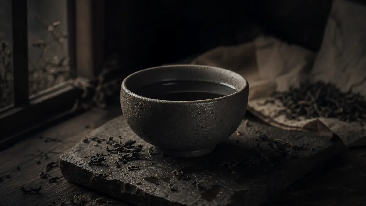 Dark atmospheric editorial tea photograph, a single unglazed porous Korean gaewan resting on a dark stone slab surrounde