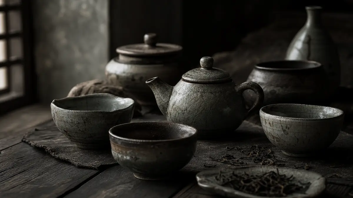 Dark atmospheric editorial photograph of an arrangement of antique Korean ceramic tea vessels, including a small teapot