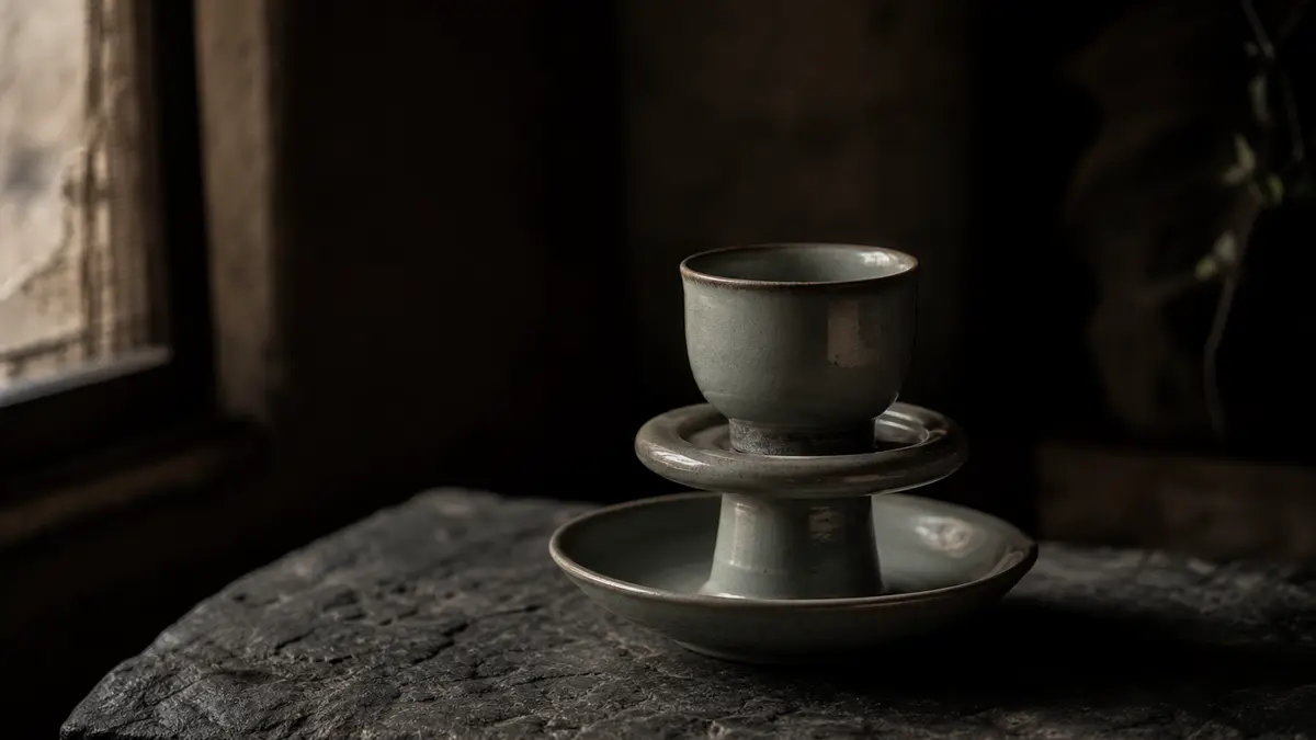 dark atmospheric editorial photograph of a traditional Korean janbatchim tea cup saucer holder placed on a weathered dar
