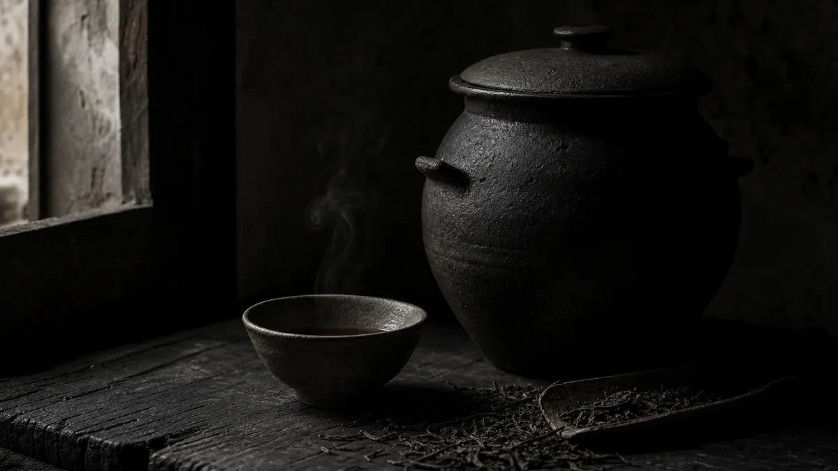 dark atmospheric editorial photograph of a traditional Korean onggi tea vessel beside a small unglazed ceramic tea bowl,