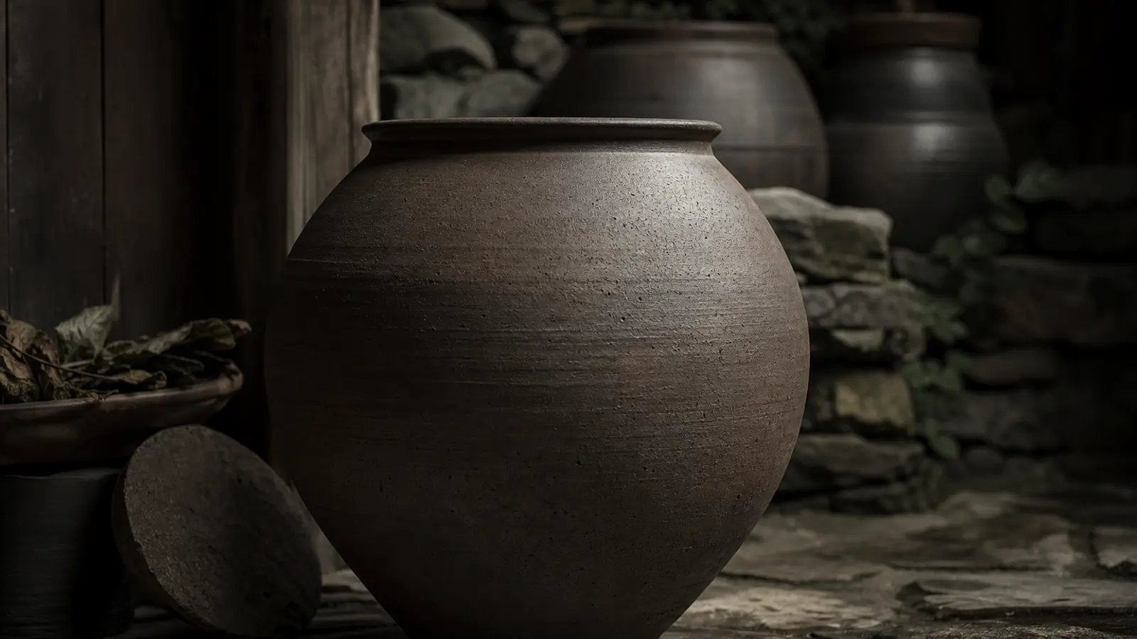 Large traditional Korean onggi jar with porous brown unglazed clay surface, bathed in warm natural light in a workshop setting.