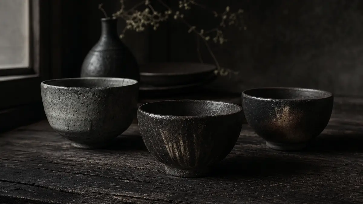 dark atmospheric editorial photograph of three distinct Korean ceramic tea bowls arranged on a weathered dark wood surfa
