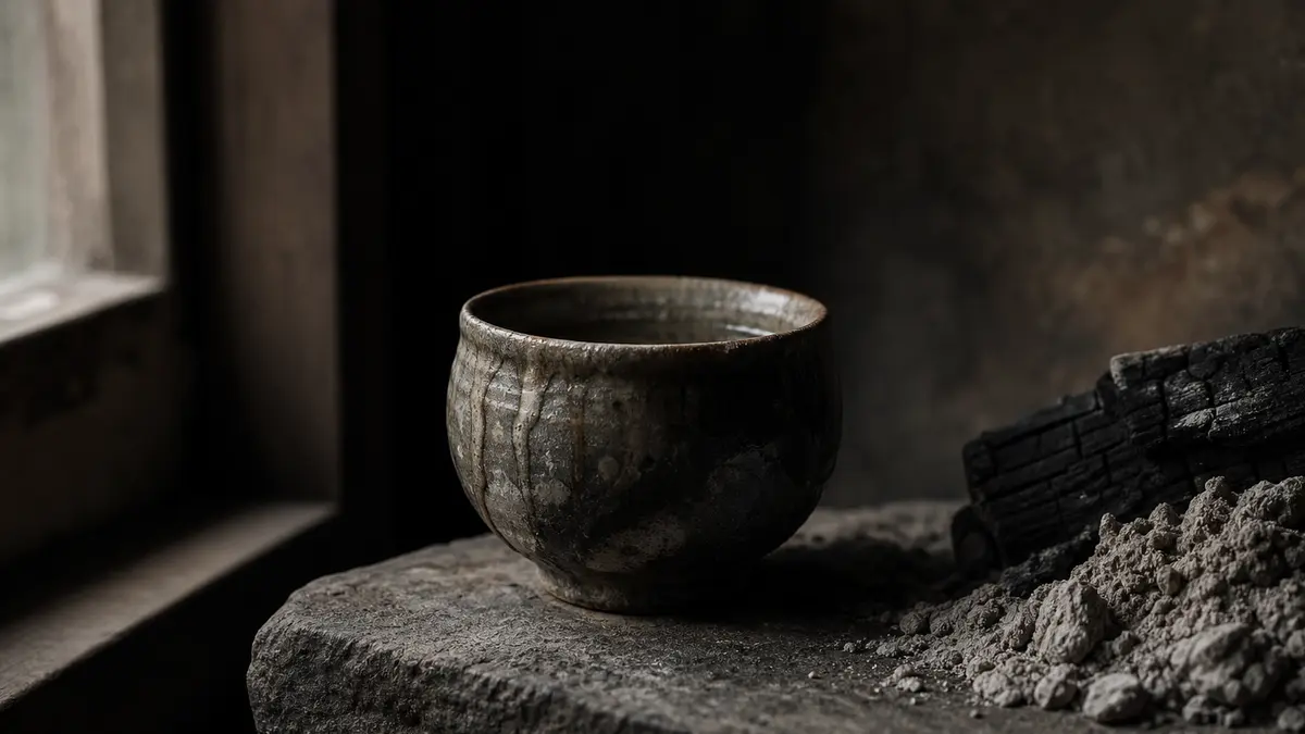 dark atmospheric editorial photograph of a single Korean wood-fired tea cup with visible ash deposits and natural glaze
