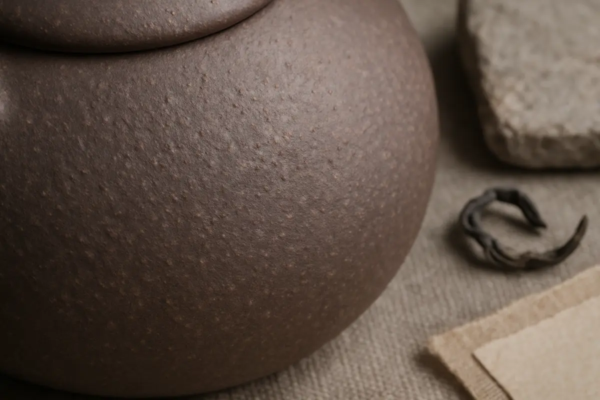 Three small Yixing teapots arranged side by side on a weathered wooden surface, each in a distinct clay color
