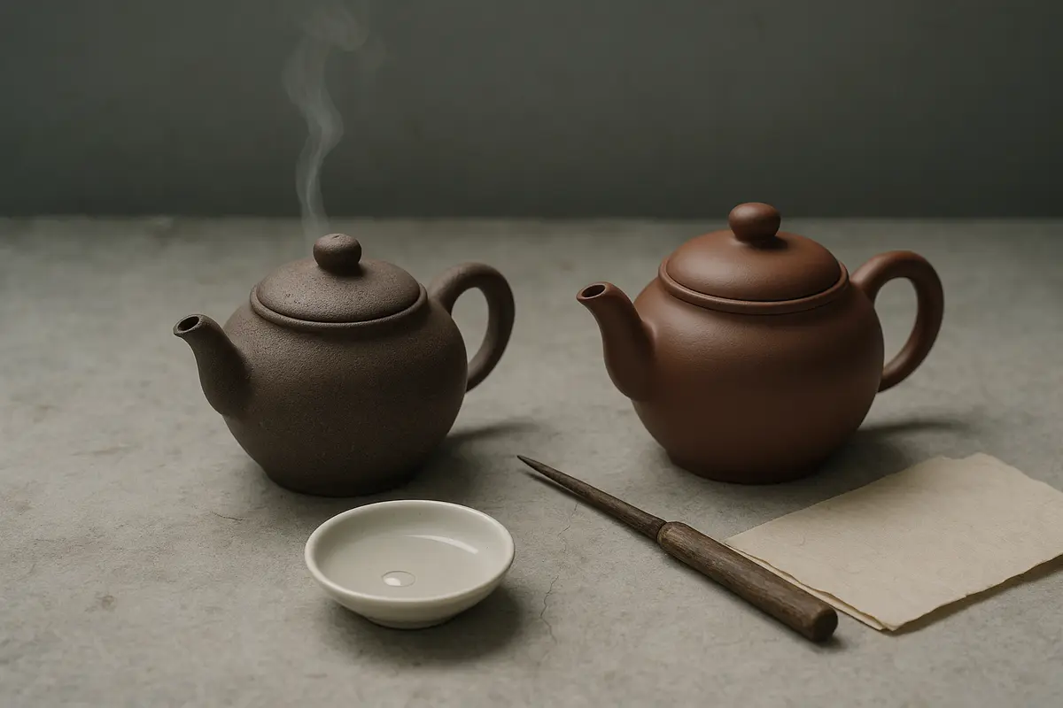 A brand new unglazed Yixing teapot resting beside a small ceramic bowl of dry oolong tea leaves and a wooden tray